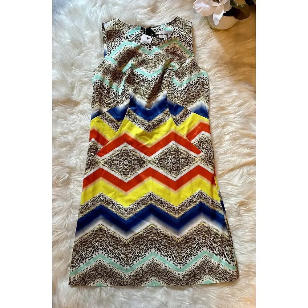 Milly Chevron Paneled Lined Printed Sheath Dress Size 2 Animal Leopard BrightNWT